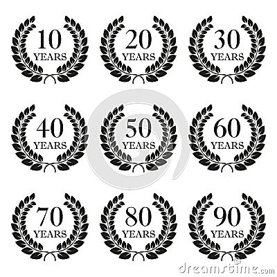 Anniversary laurel wreath icon set isolated on white background. 10, 20, 30, 40, 50, 60, 70, 80, 90 years. Template for award and Vector Illustration